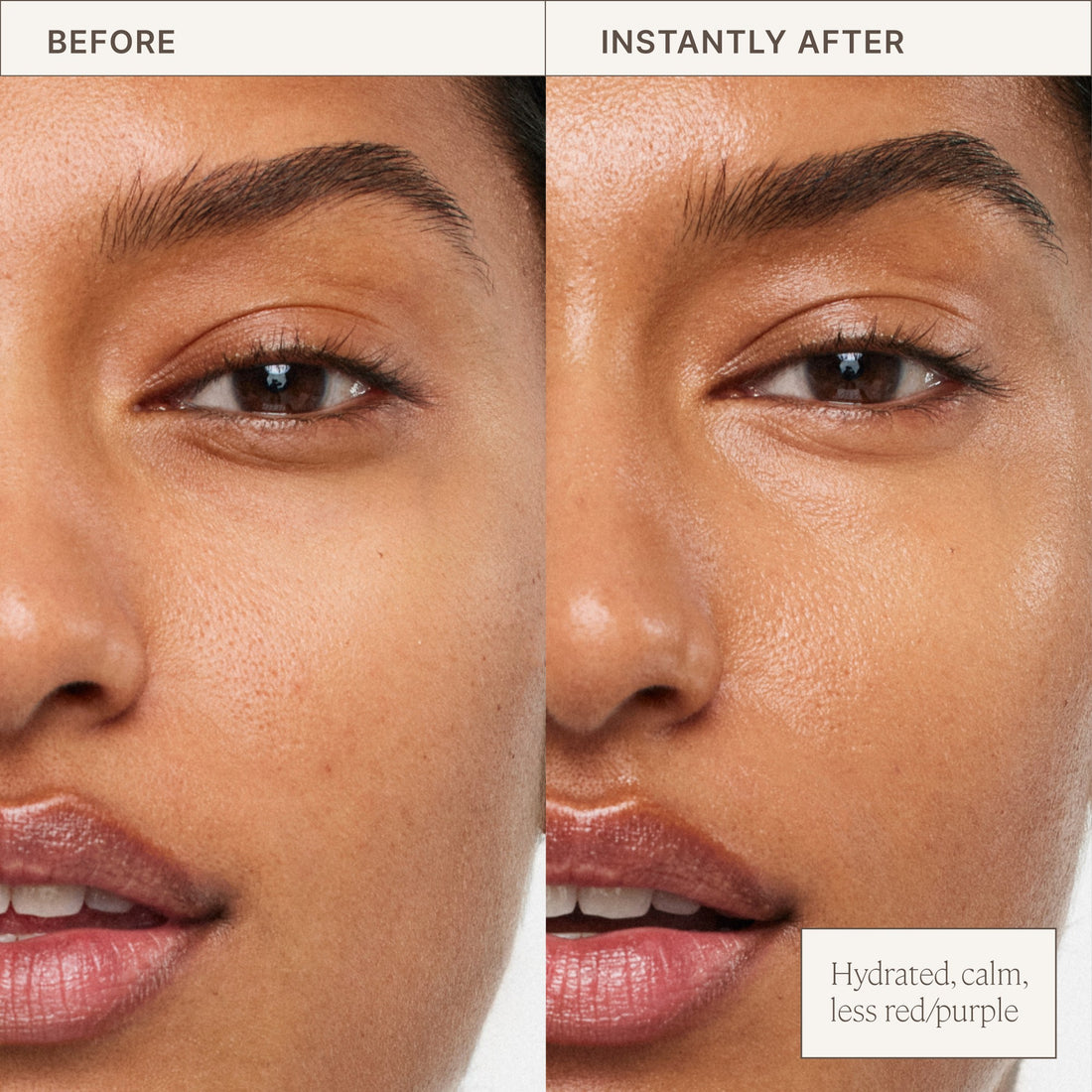 A side by side comparison of a model before applying Barrier Build Cream and instantly after. The after visibly looks more hydrated.