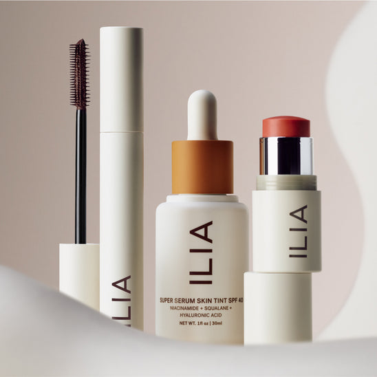 An Array of ILIA bestsellers including their Limitless Lash Mascara, Multi-Stick, and Super Serum Skin Tint SPF40.