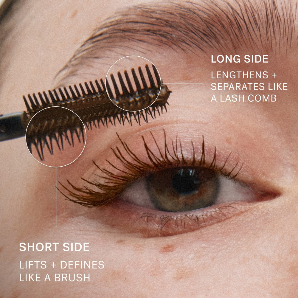 Close up of an eye with Limitless Lash Mascara applied. There is a zoom in on the comb to educate what each side achieves.