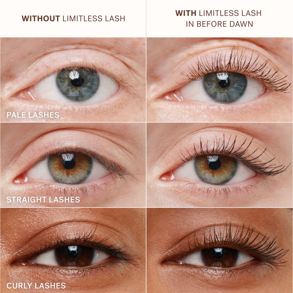 Before and after images of different shades of eyes and lash types with Limitless Lash Mascara applied and not applied. 